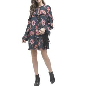 Blu Pepper Ruffled Floral Dress Green Pink Flowers Mini Boho Large